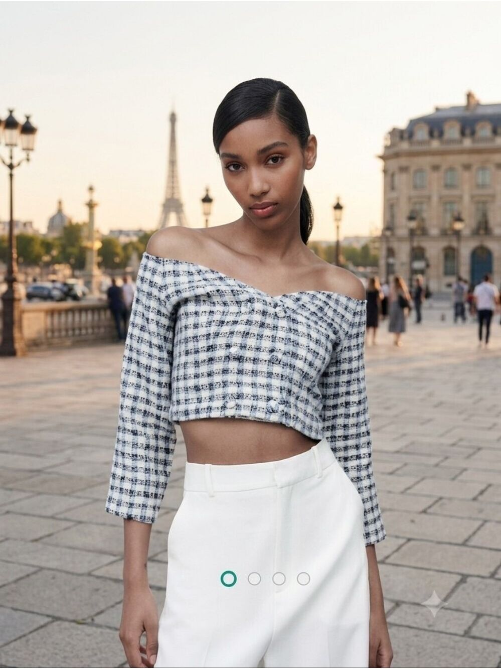 NEW Zara Boucle tweed Blue Check off the shoulder Top Large Cropped